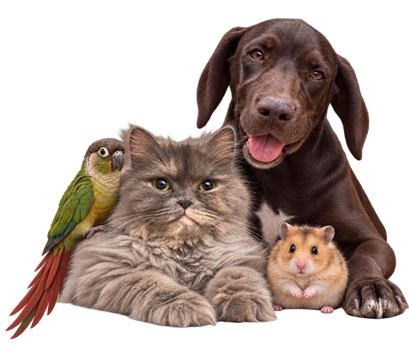 A grey cat, black dog, green parrot and hamster posed together